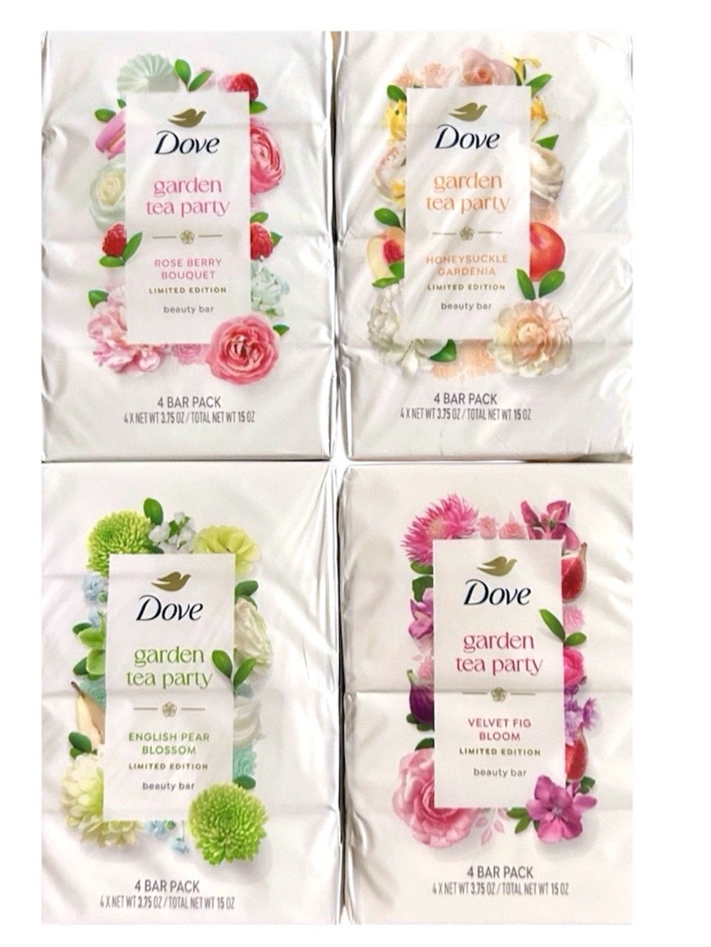 Dove Garden Tea Party Beauty Bar 4 Pack Bundle (Assorted) - Brand New